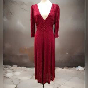 Betsey Johnson Red Velvet Burnout Animal Print Midi Dress 3/4 Sleeves